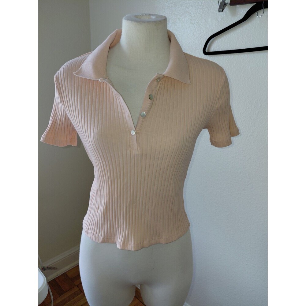 Zara-Women's Melon Ribbed Knit Collared Polo Short Sleeve Button Top Women’s L